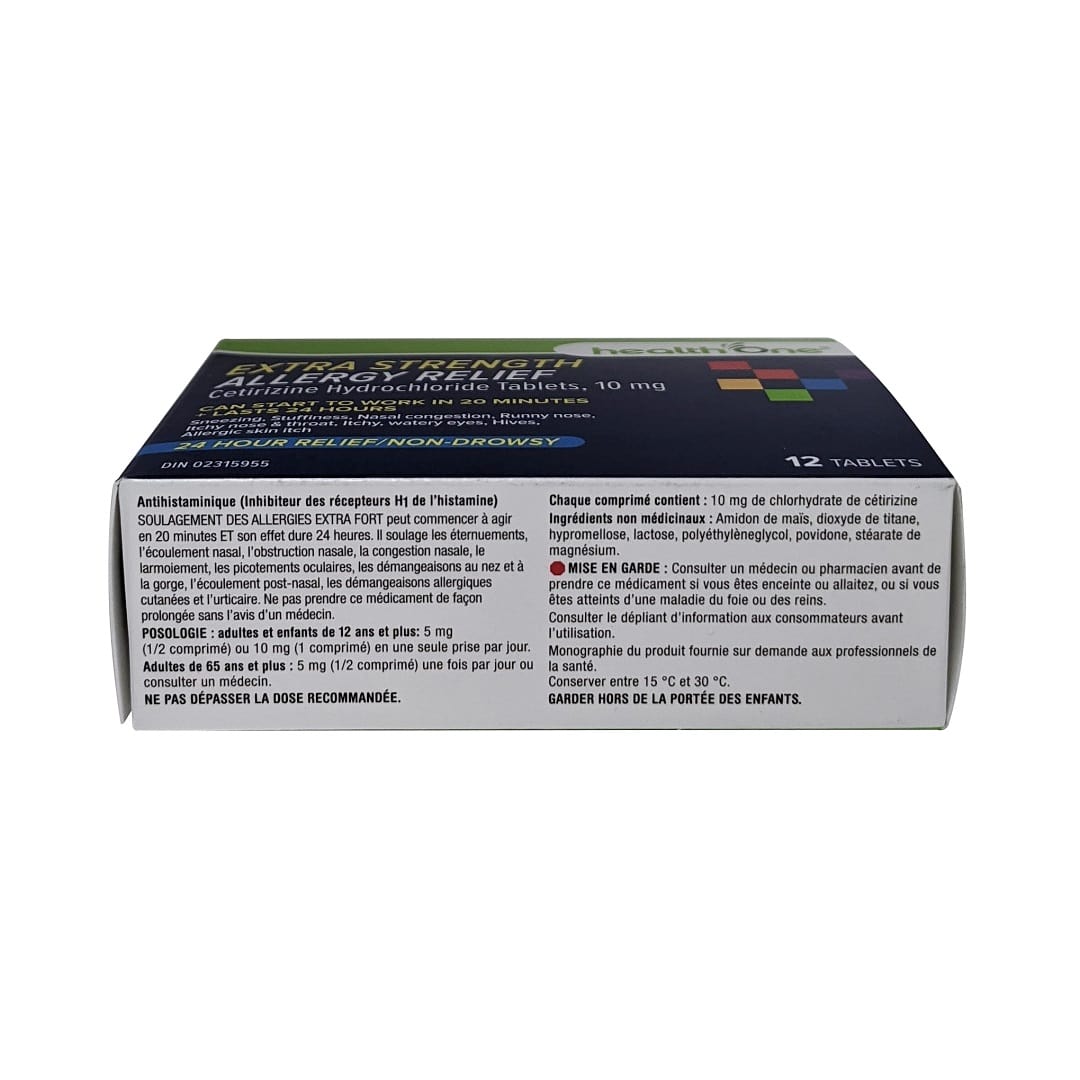 Description, dosage, ingredients, and caution for health One Extra Strength Non-Drowsy Allergy Relief Cetirizine Hydrochloride 10mg (12 tablets) in French