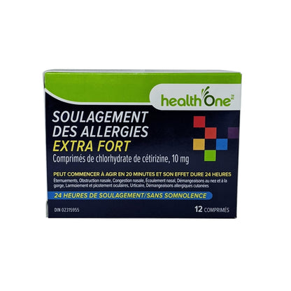 Product label for health One Extra Strength Non-Drowsy Allergy Relief Cetirizine Hydrochloride 10mg 12 tabs in French