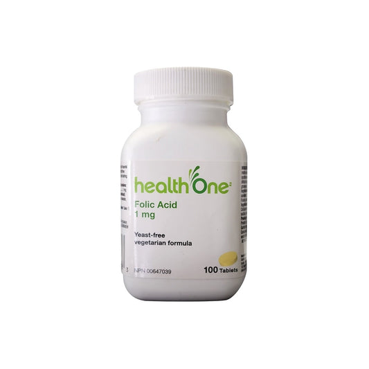 Product label for health One Folic Acid 1 mg (100 tablets) in English