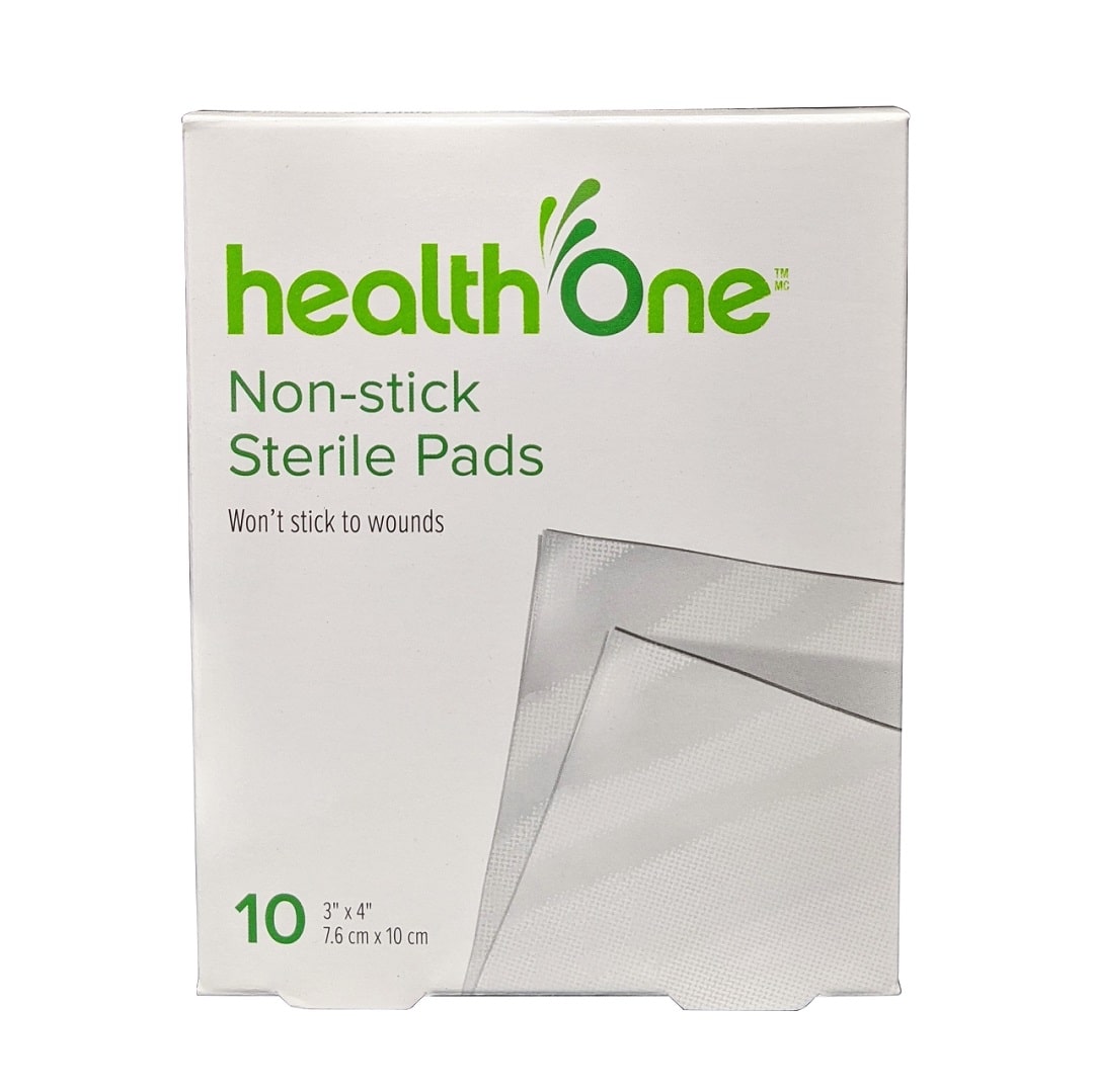 Product label for health One Non-Stick Sterile Pads (7.6 cm x 10 cm) (10 pads) in English