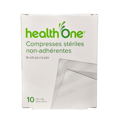 Product label for health One Non-Stick Sterile Pads (7.6 cm x 10 cm) (10 pads) in French