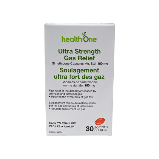 Product label for health One Ultra Strength Gas Relief Simethicone 180mg in English and French
