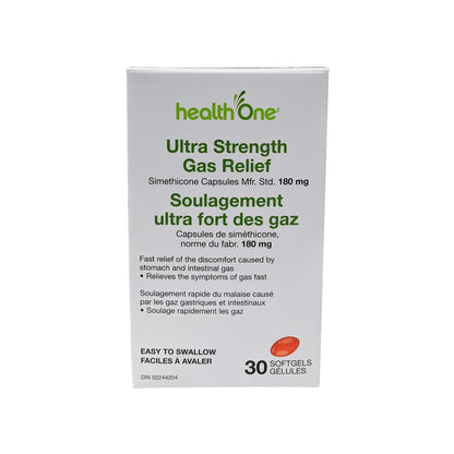 Product label for health One Ultra Strength Gas Relief Simethicone 180mg in English and French