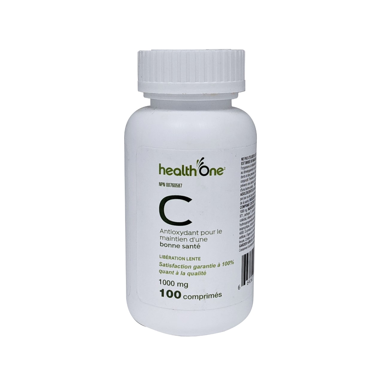 Product label for health One Vitamin C 1000mg Timed Release in French