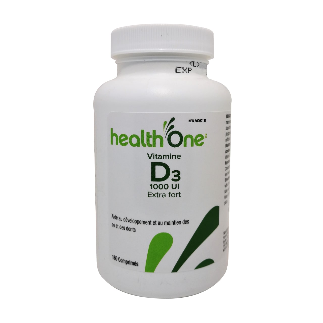 Product label for health One Vitamin D3 Extra Strength 1000IU in French