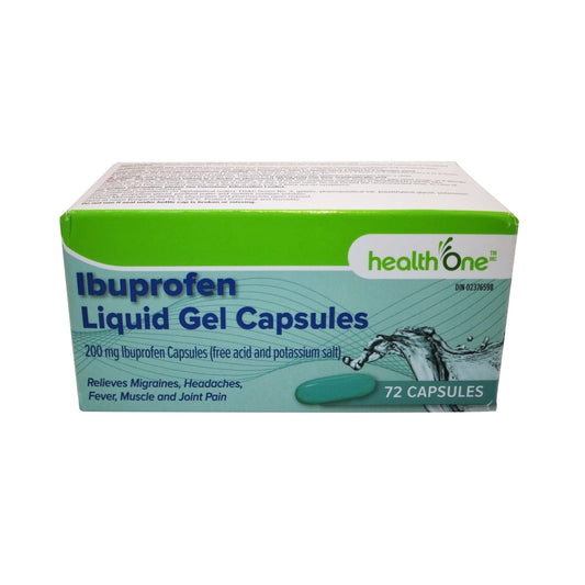 Product label for health One Ibuprofen 200mg in English