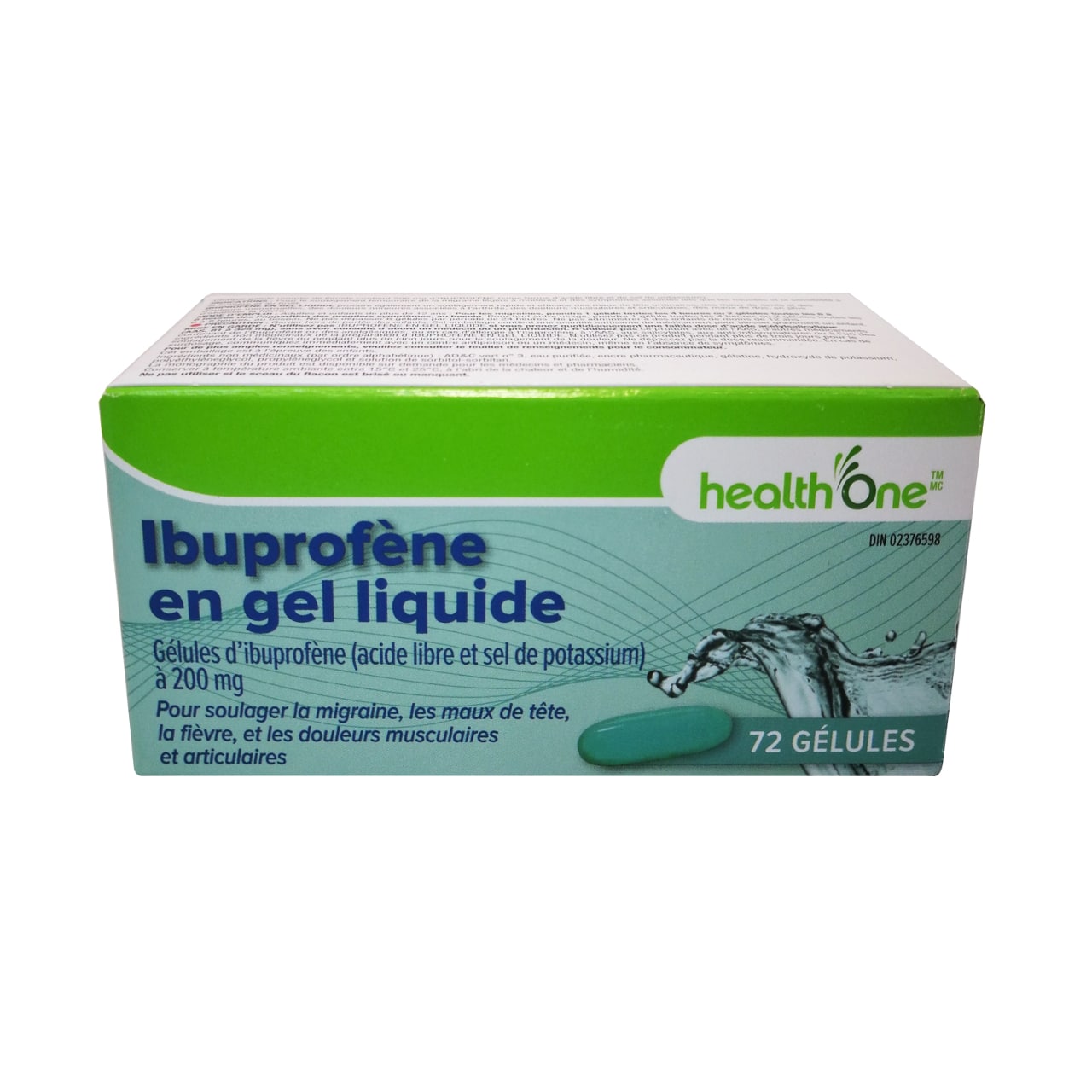 Product label for health One Ibuprofen 200mg in French