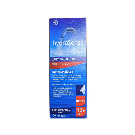 Product label for hydraSense Daily Nasal Care Full Stream (100 mL) in English
