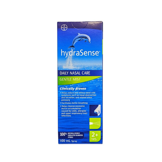 Product label for hydraSense Daily Nasal Care Gentle Mist (100 mL) in English