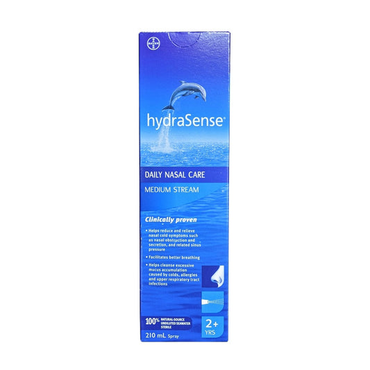 Product label for hydraSense Daily Nasal Care Medium Stream (210 mL) in English