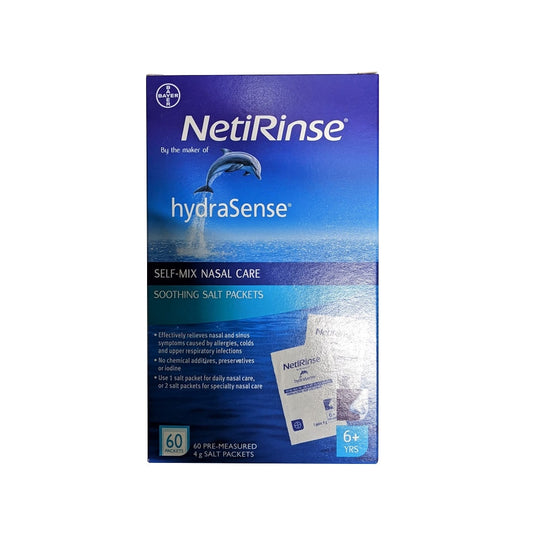 Product label for hydraSense NetiRinse Self-Mix Nasal Care Soothing Salt Packets (60 count) in English