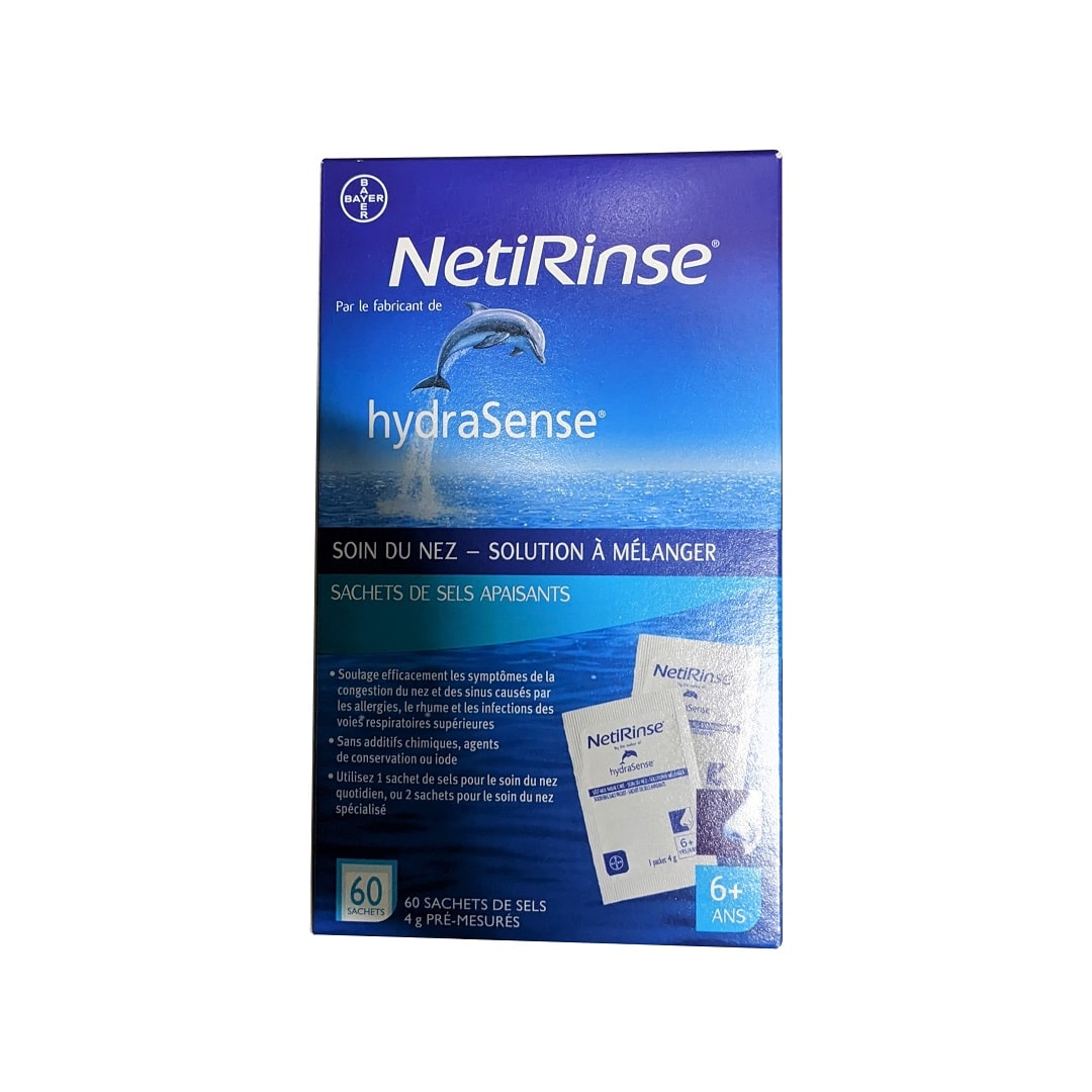 Product label for hydraSense NetiRinse Self-Mix Nasal Care Soothing Salt Packets (60 count) in French