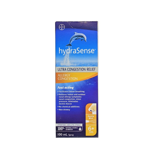 Product label for hydraSense Ultra Congestion Relief Allergy Congestion (100 mL) in English
