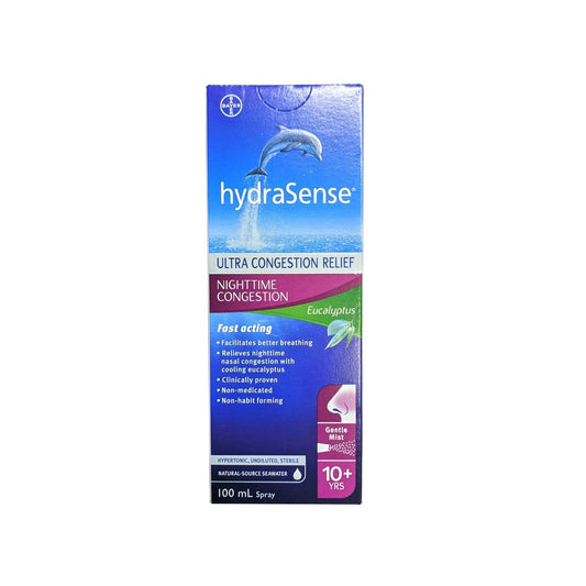 Product label for hydraSense Ultra Congestion Relief Spray Nighttime Congestion Eucalyptus (100 mL) in English