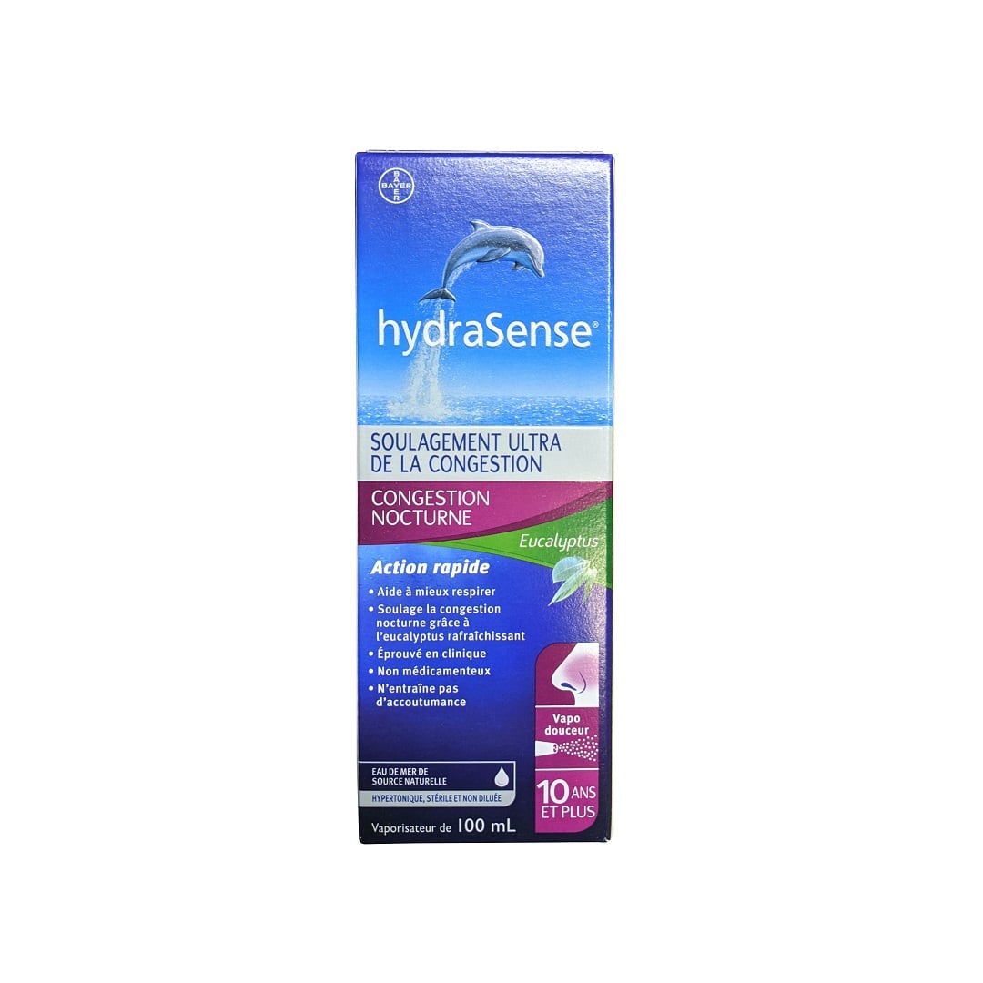 Product label for hydraSense Ultra Congestion Relief Spray Nighttime Congestion Eucalyptus (100 mL) in French