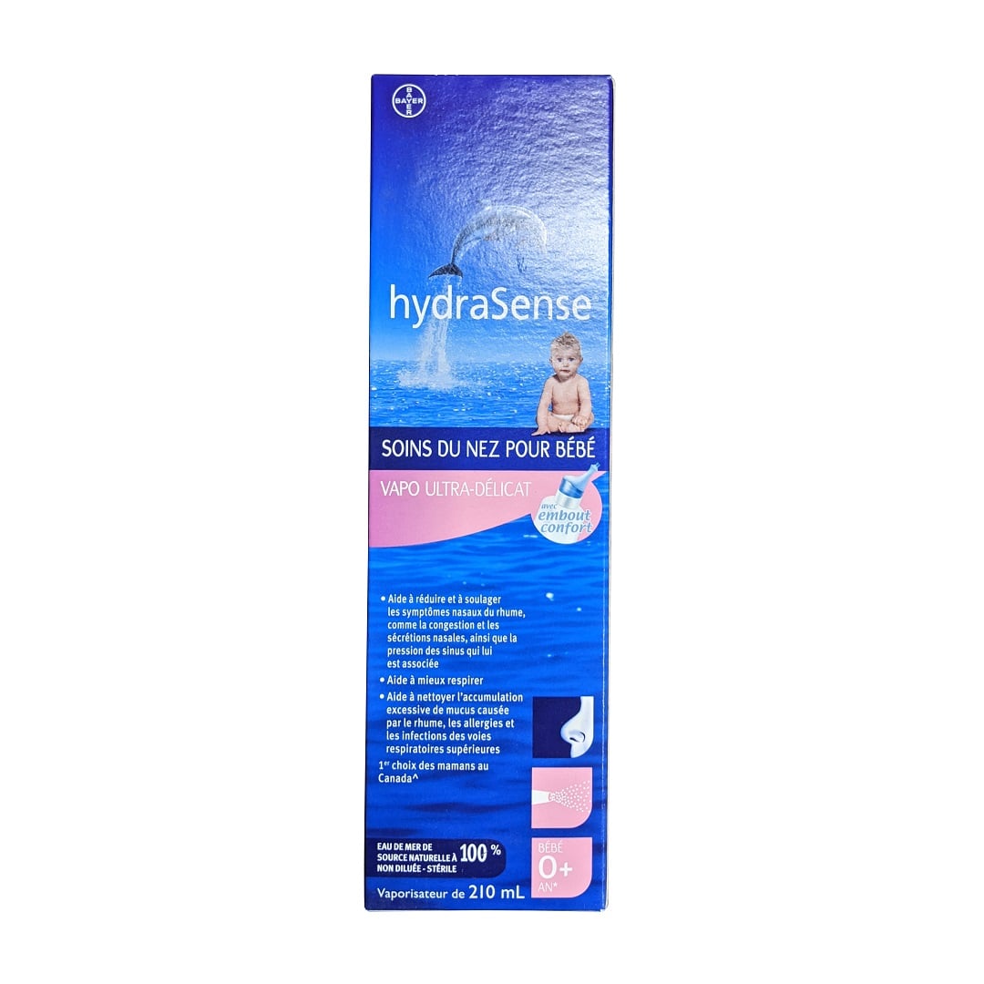 Product label for hydraSense Baby Nasal Care Ultra Gentle Mist (210 mL) in French