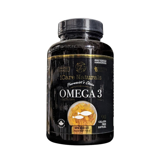 Product label for iCare Naturals Omega 3 (90 softgels)