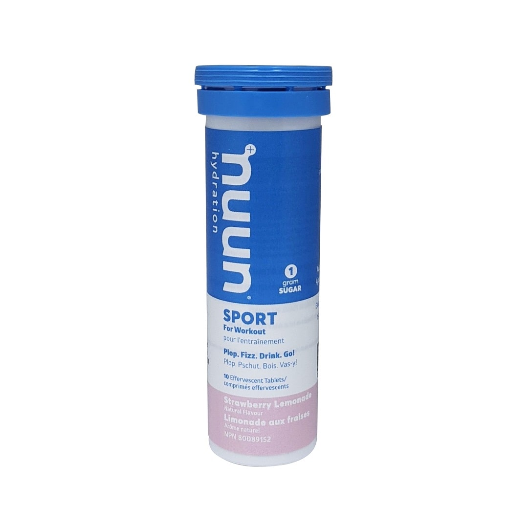 Product label for Nuun SPORT Electrolyte Tablets for Workout Strawberry Lemonade Natural Flavour