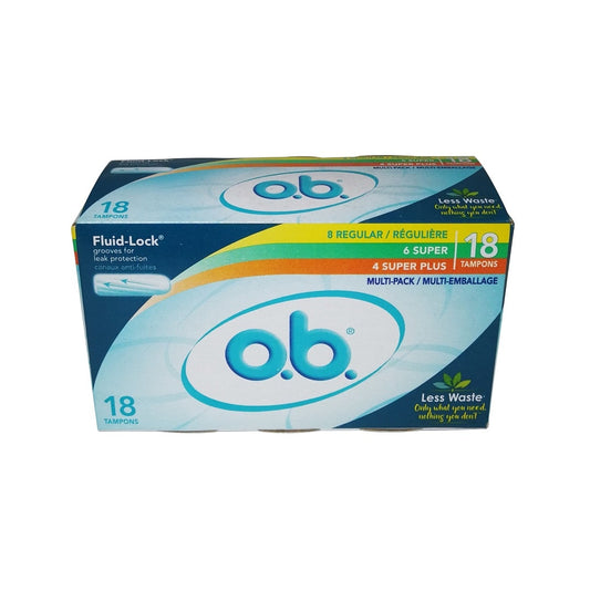 Product label for o.b. Multi-Pack Tampons (18 count)