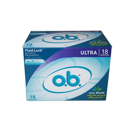 Product label for o.b. Ultra Absorbency Tampons (18 count)