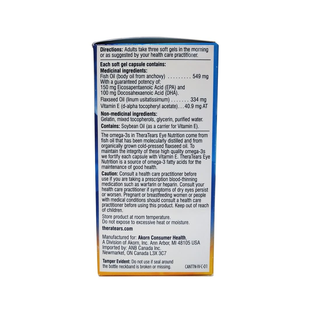 Directions, ingredients, description, and caution for theratears Eye Nutrition (90 softgels) in English