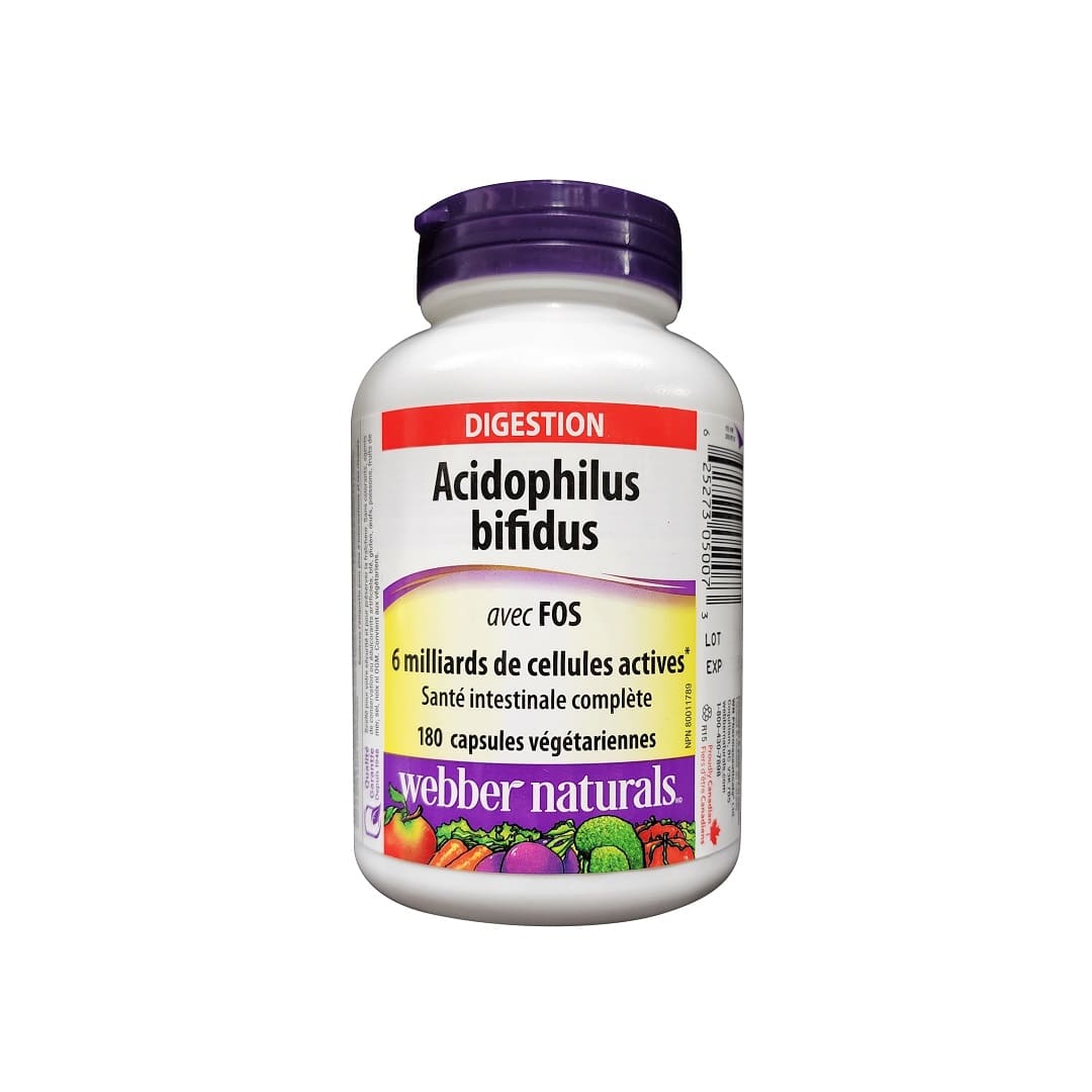 Product label for webber naturals Acidophilus Bifidus 6 Billion with FOS (180 capsules) in French