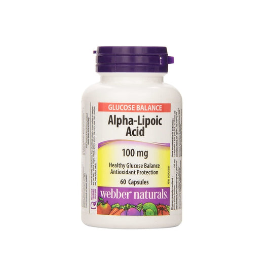 Product label for webber naturals Alpha-Lipoic Acid 100 mg (60 capsules) in English