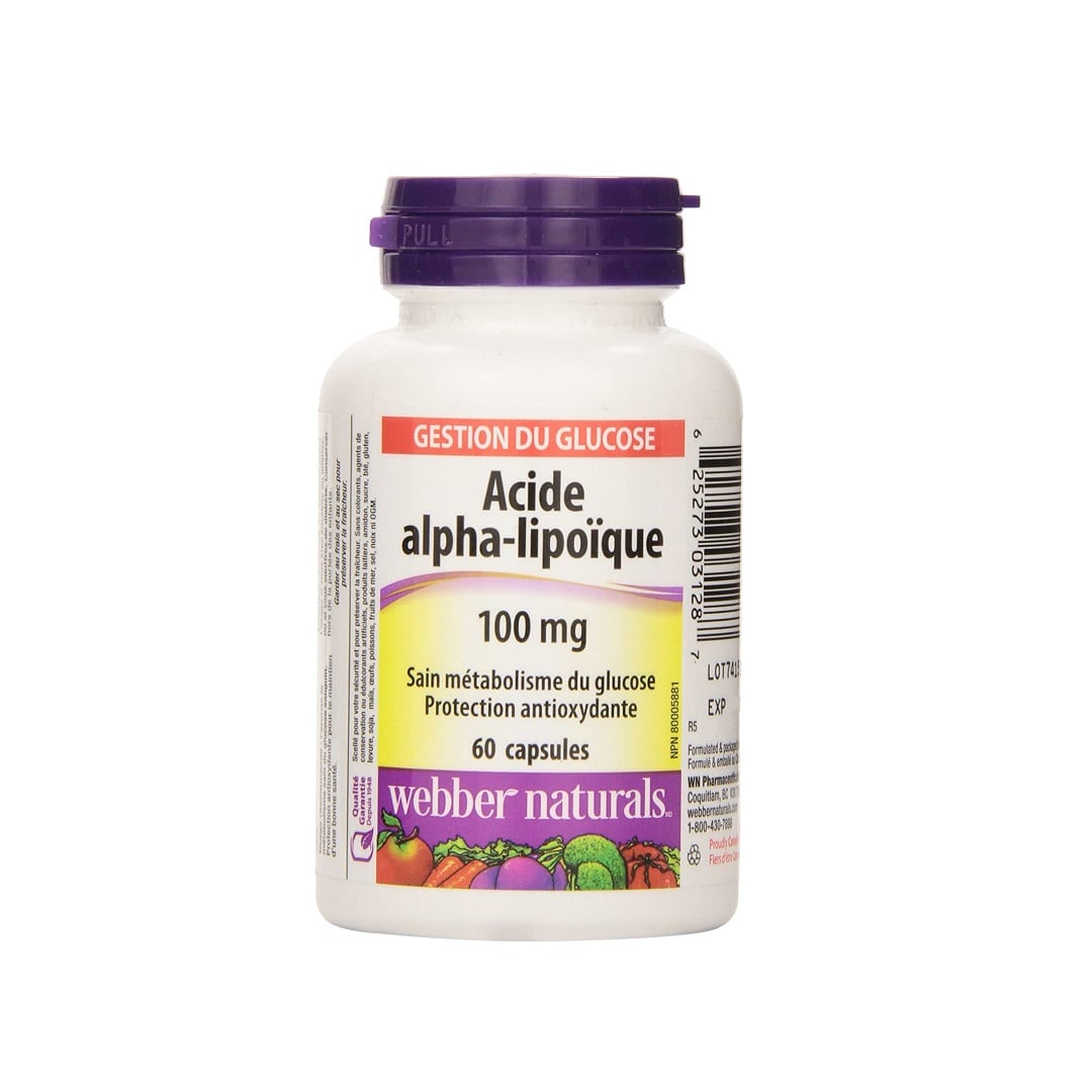 Product label for webber naturals Alpha-Lipoic Acid 100 mg (60 capsules) in French