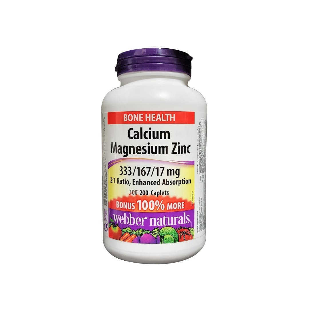 Product label for webber naturals Calcium Magnesium Zinc 333/167/17 mg (200 caplets) (100% Bonus) in English