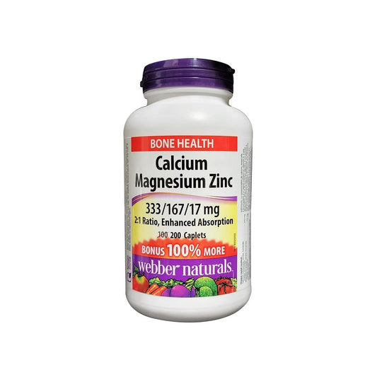 Product label for webber naturals Calcium Magnesium Zinc 333/167/17 mg (200 caplets) (100% Bonus) in English