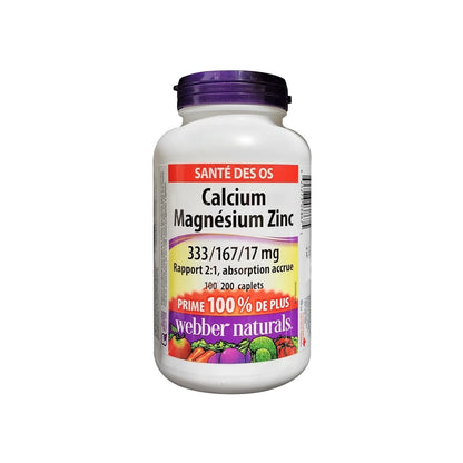 Product label for webber naturals Calcium Magnesium Zinc 333/167/17 mg (200 caplets) (100% Bonus) in French