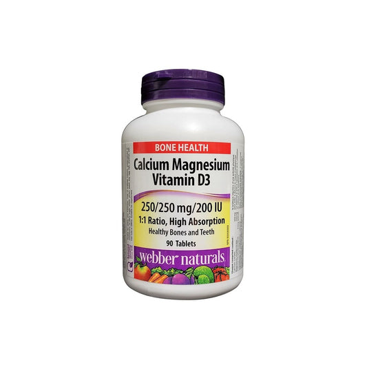Product label for webber naturals Calcium Magnesium and Vitamin D3 (90 tablets) in English
