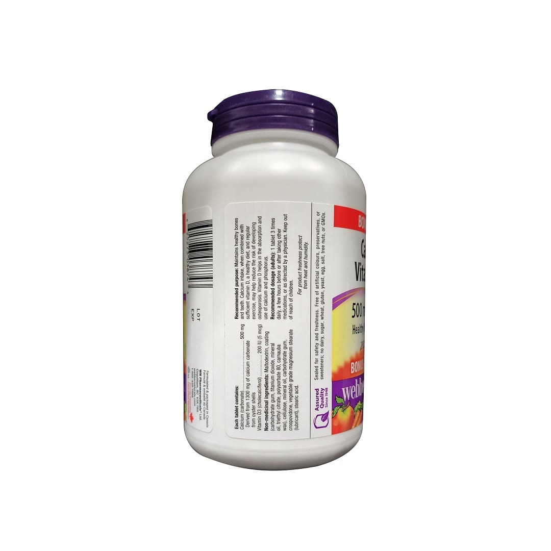 Ingredients, purpose, dose for webber naturals Calcium (500 mg) with Vitamin D3 (200 IU) (275 tablets) (10 % Bonus) in English