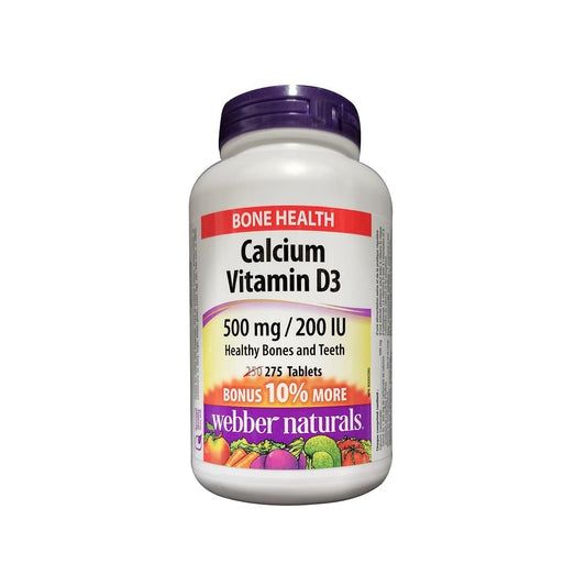 Product label for webber naturals Calcium (500 mg) with Vitamin D3 (200 IU) (275 tablets) (10 % Bonus) in English