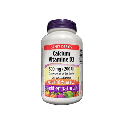 Product label for webber naturals Calcium (500 mg) with Vitamin D3 (200 IU) (275 tablets) (10 % Bonus) in French