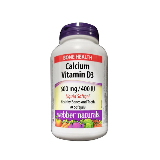 Product label for webber naturals Calcium (600 mg) with Vitamin D3 (400 IU) (90 softgels) in English
