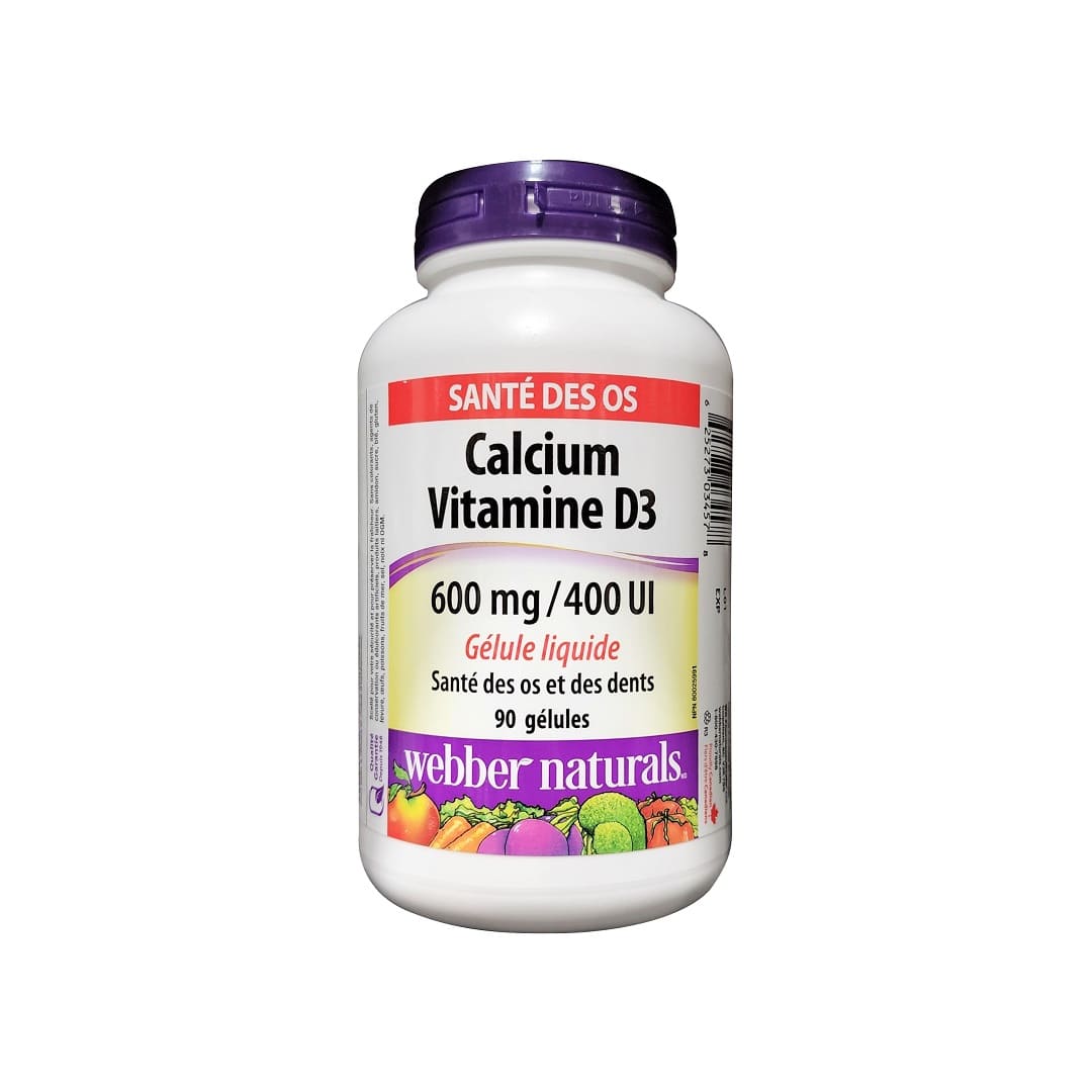 Product label for webber naturals Calcium (600 mg) with Vitamin D3 (400 IU) (90 softgels) in French