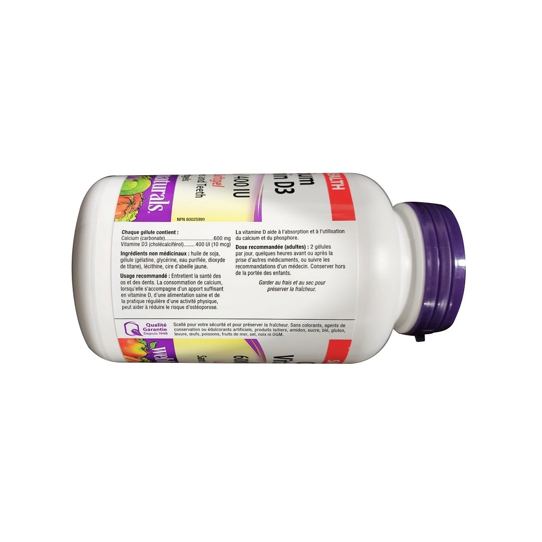 Ingredients, purpose, dose for webber naturals Calcium (600 mg) with Vitamin D3 (400 IU) (90 softgels) in French