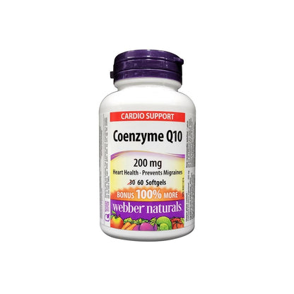 Product label for webber naturals Coenzyme Q10 200 mg (60 softgels) (100% Bonus) in English