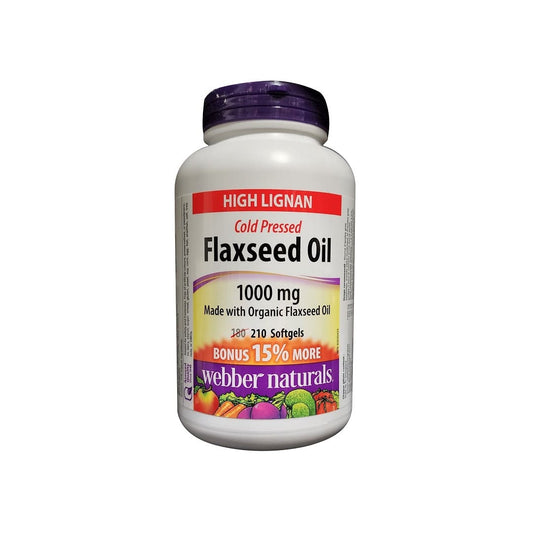 Product label for webber naturals Cold Pressed Flaxseed Oil 1000 mg (210 softgels) (15% Bonus) in English