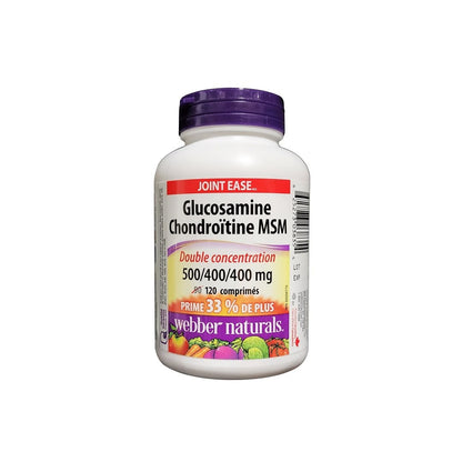 Product label for webber naturals Glucosamine Chondroitin MSM Double Strength 500/400/400mg (120 tablets) in French