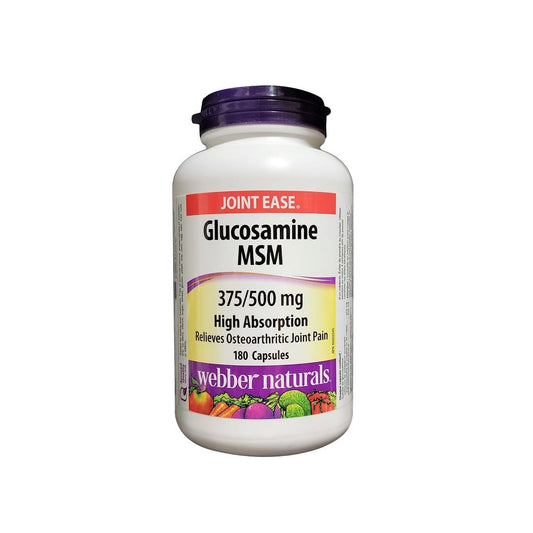 Product label for webber naturals Glucosamine MSM 375/500 mg (180 capsules) in English