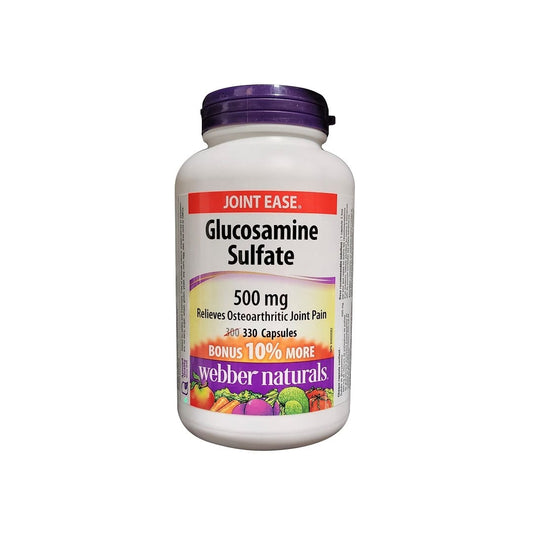 Product label for webber naturals Glucosamine Sulfate 500 mg (330 capsules) in English