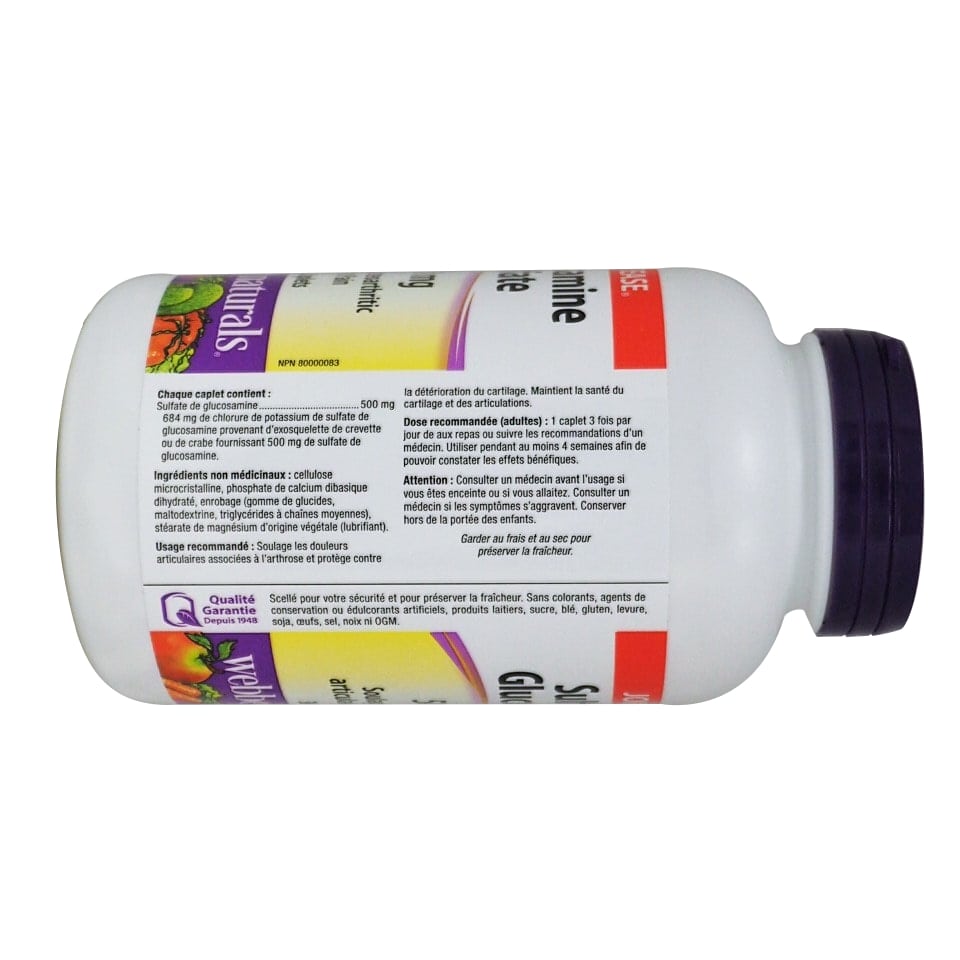 Product ingredients, dosage, and warnings for webber naturals Glucosamine Sulfate 500mg in French