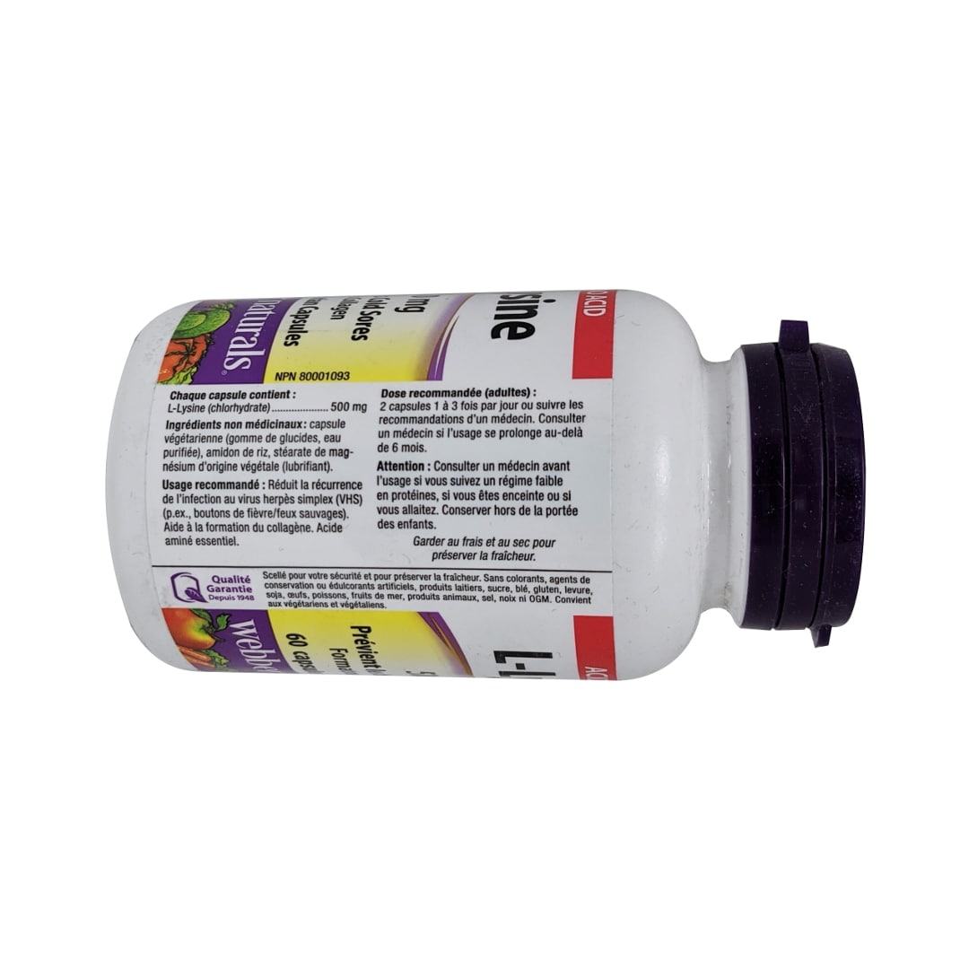 Details, ingredients, purpose, dose, and warnings for webber naturals L-Lysine 500mg in French