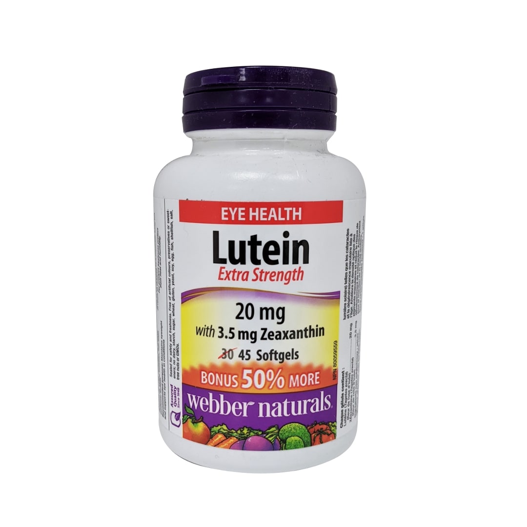 Product label for webber naturals Lutein 20mg with Zeaxanthin Extra Strength in English