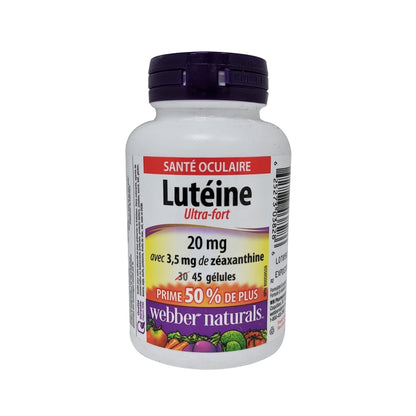 Product label for webber naturals Lutein 20mg with Zeaxanthin Extra Strength in French