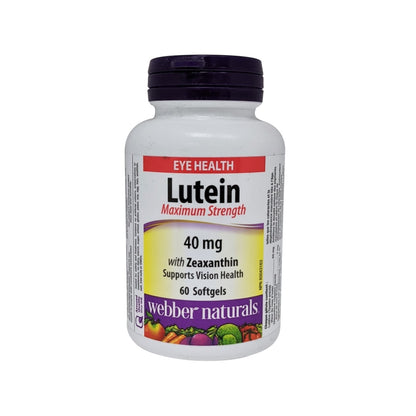 Product label for webber naturals Lutein 40mg with Zeaxanthin Maximum Strength in English
