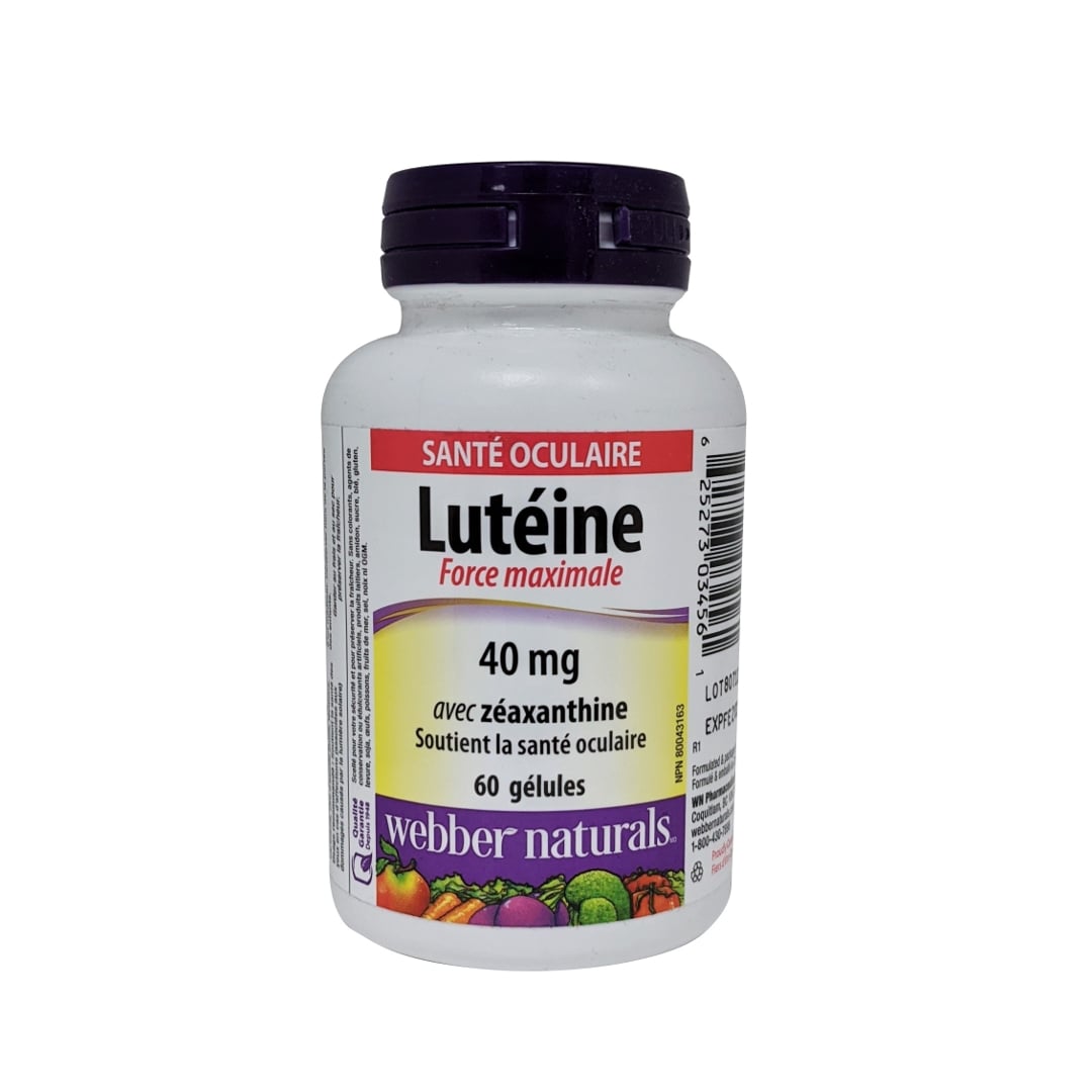 Product label for webber naturals Lutein 40mg with Zeaxanthin Maximum Strength in French