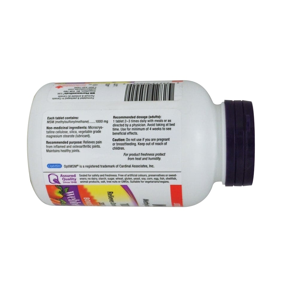 Product ingredient, purpose, dose, and caution for webber naturals MSM 1000mg in English